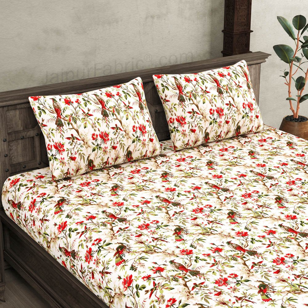 JaipurFabric® Anokhi Print Peach Bird King Size BedSheet