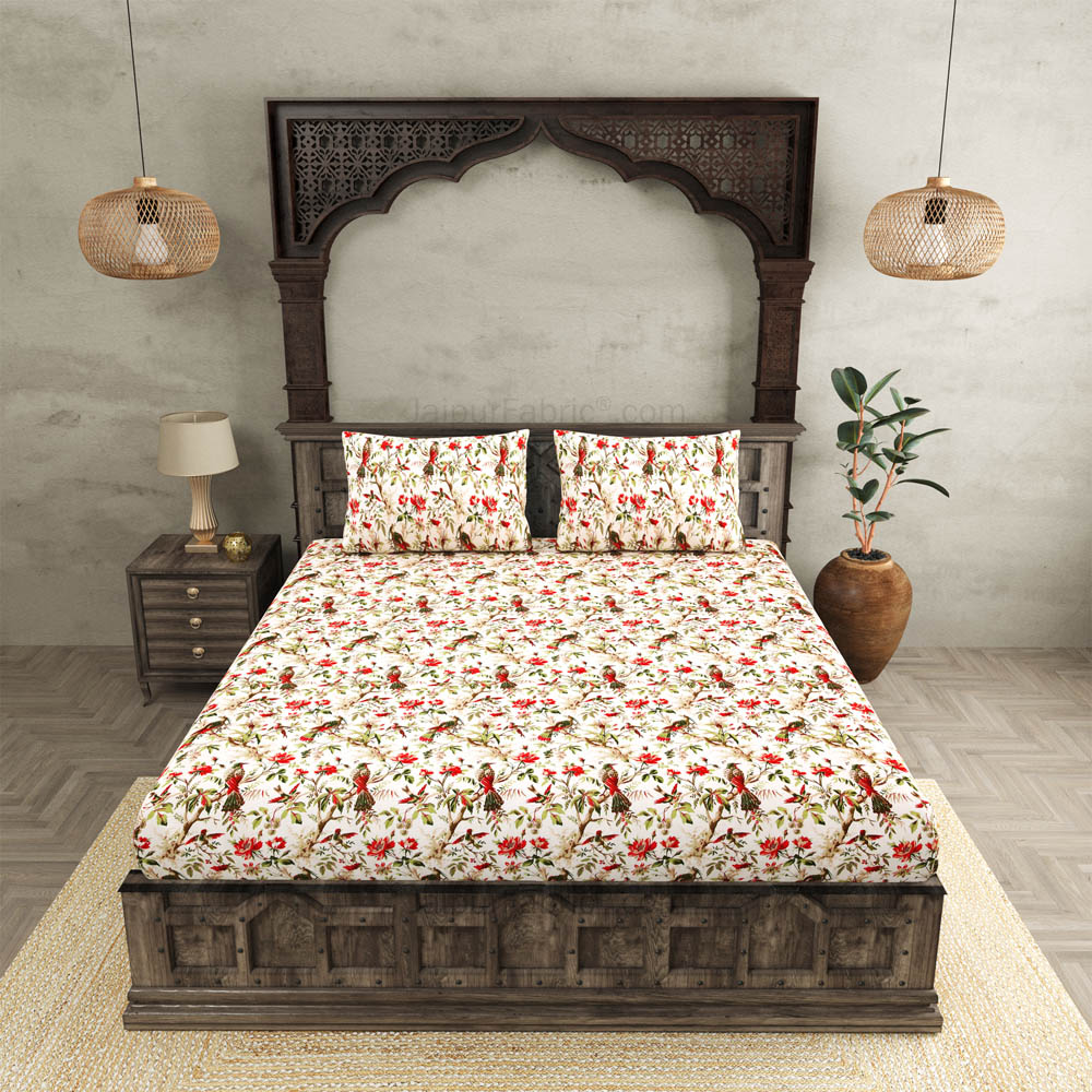 JaipurFabric® Anokhi Print Peach Bird King Size BedSheet