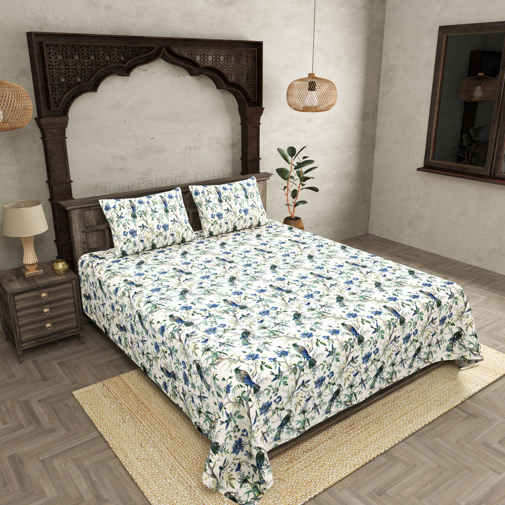 JaipurFabric® Anokhi Print Blue Bird King Size BedSheet