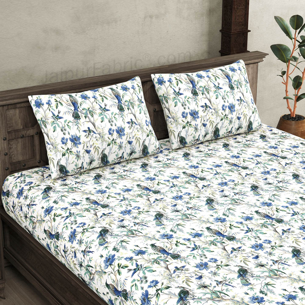 JaipurFabric® Anokhi Print Blue Bird King Size BedSheet