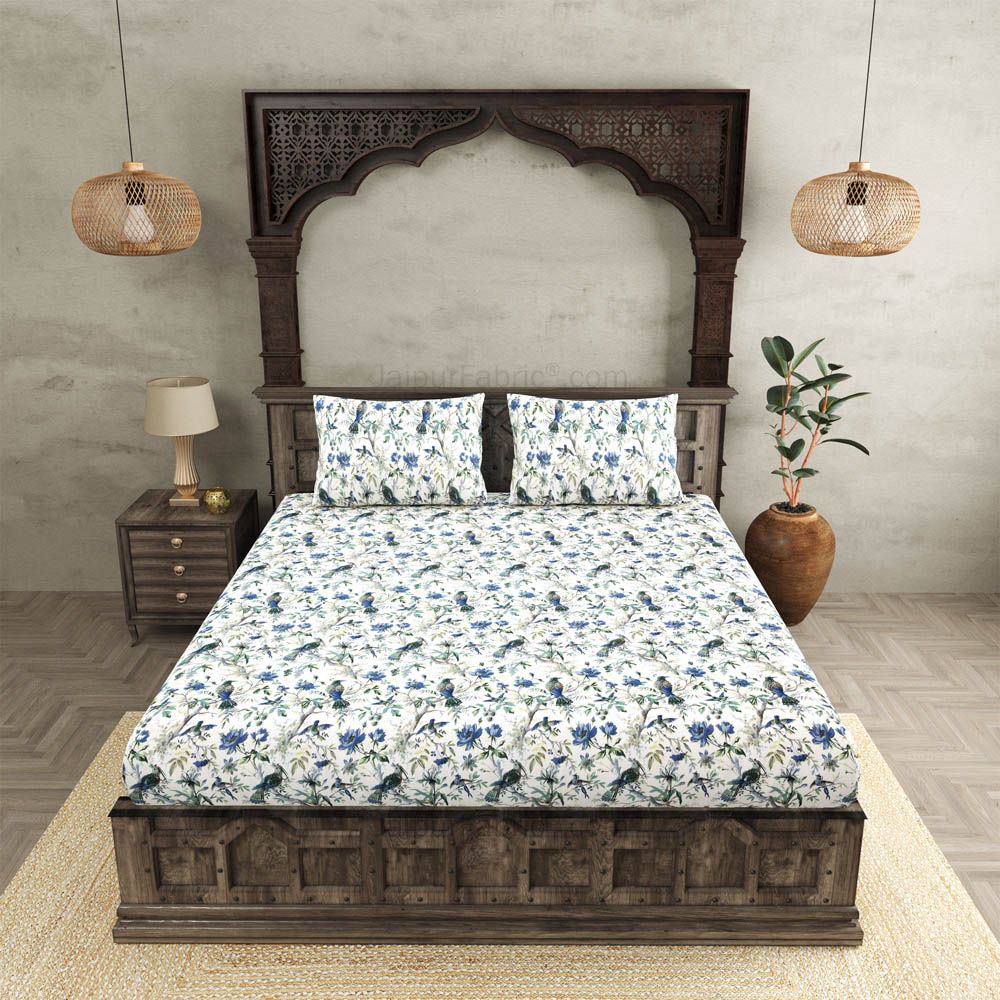 JaipurFabric® Anokhi Print Blue Bird King Size BedSheet