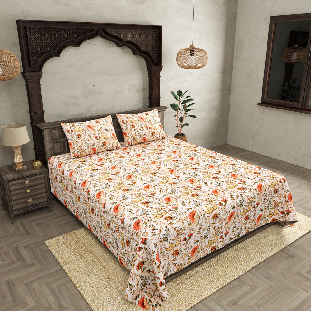 JaipurFabric® Anokhi Print Peachy Floral King Size BedSheet