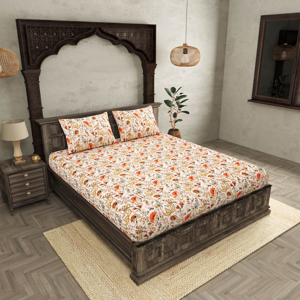 JaipurFabric® Anokhi Print Peachy Floral King Size BedSheet