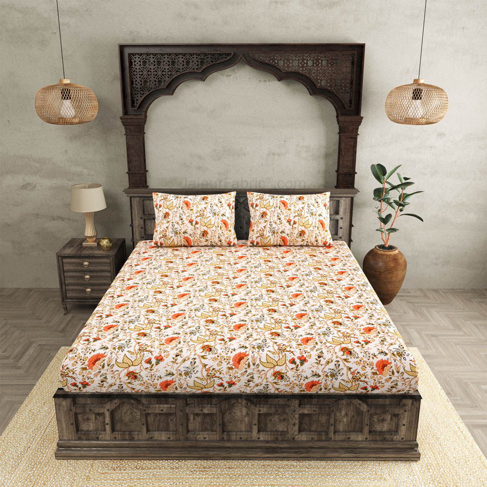 JaipurFabric® Anokhi Print Peachy Floral King Size BedSheet