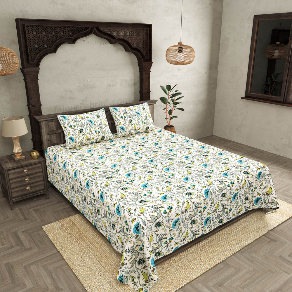 JaipurFabric® Anokhi Print Bluish Floral King Size BedSheet