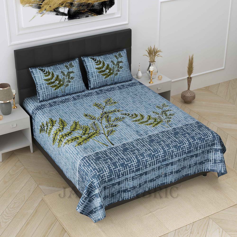 Leafy Twigs Blue Pure Cotton King Size Bedsheet