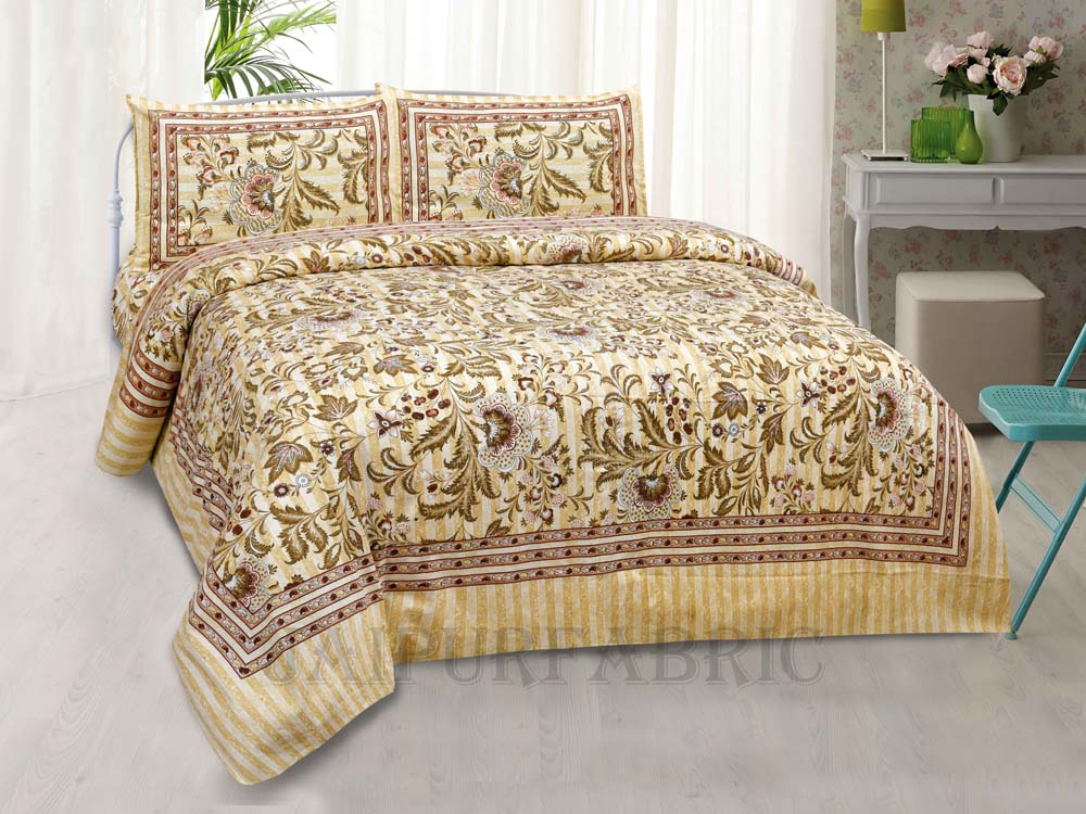 Porcelain Yellow Paisley Pattern Pure Cotton King Size Bedsheet