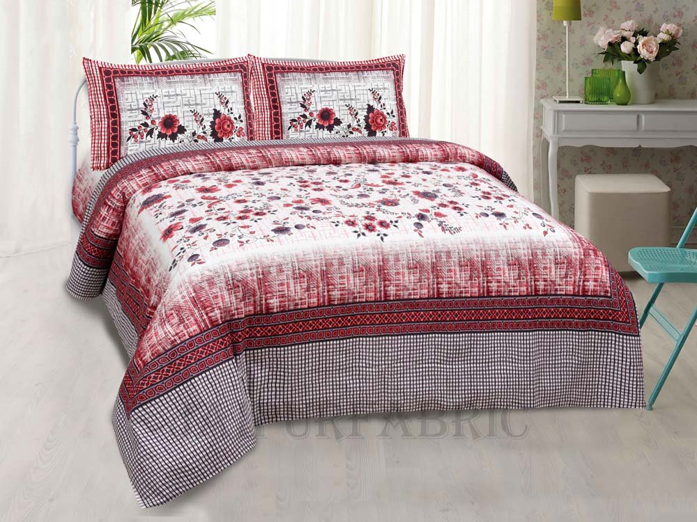 Damask Red Rose Pure Cotton King Size Bedsheet