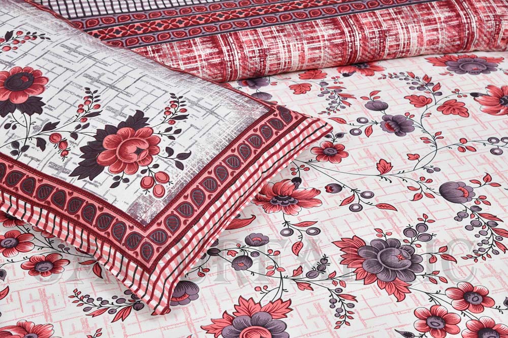 Damask Red Rose Pure Cotton King Size Bedsheet