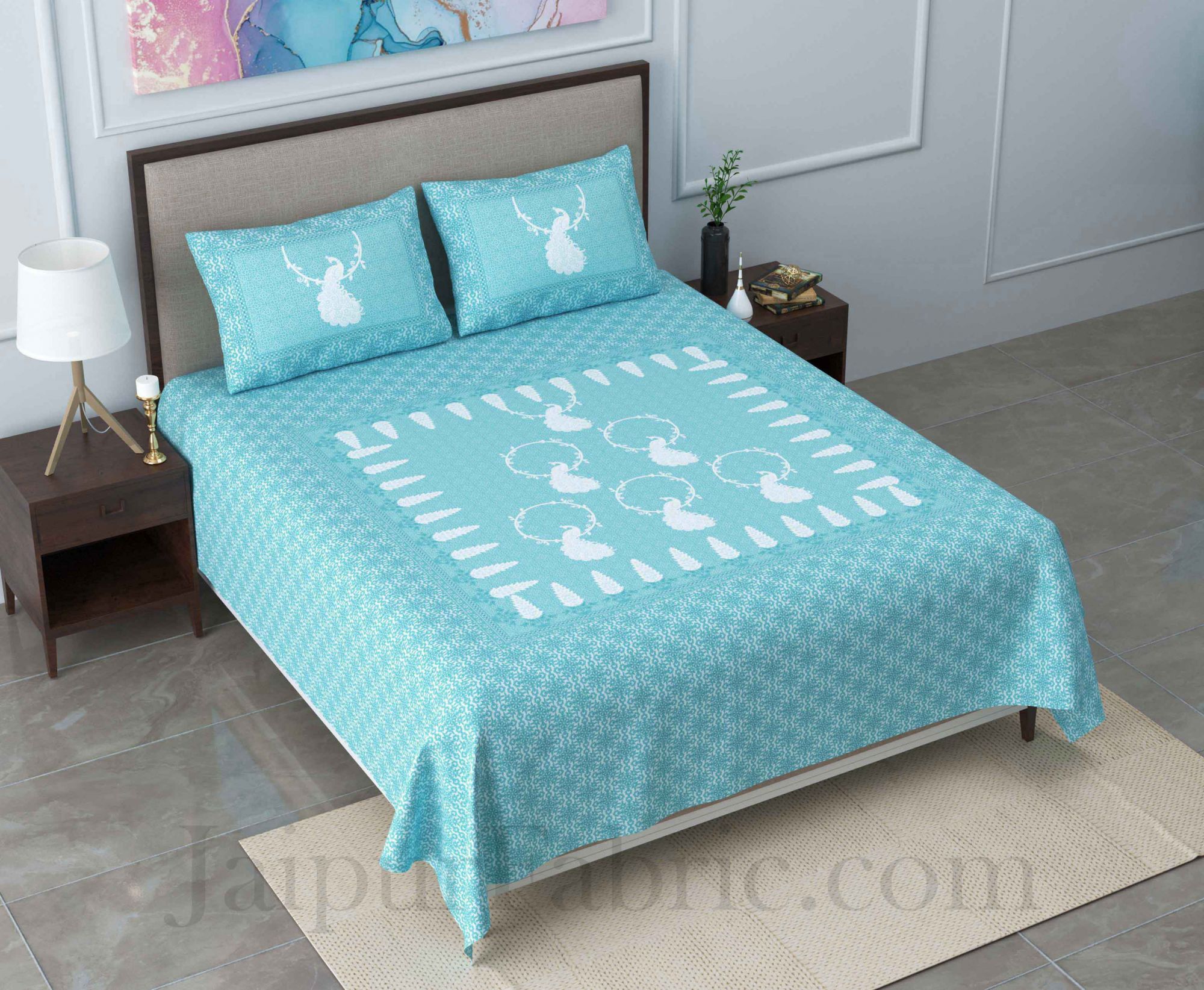 Cool Pastel Peacock Blue King Size Pure Cotton Bedsheet