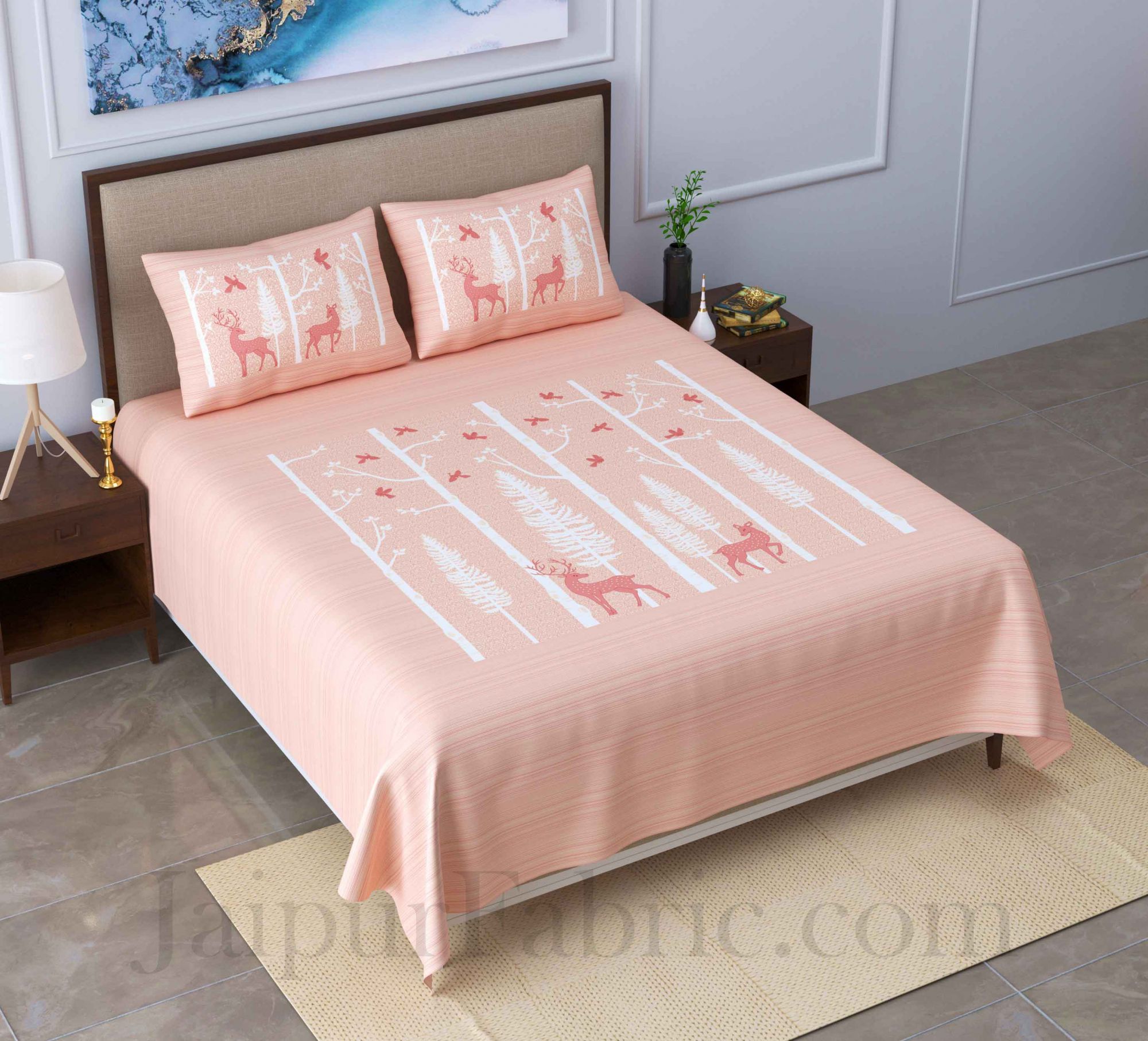 Forest Deer Pastel Peach King Size Pure Cotton Bedsheet