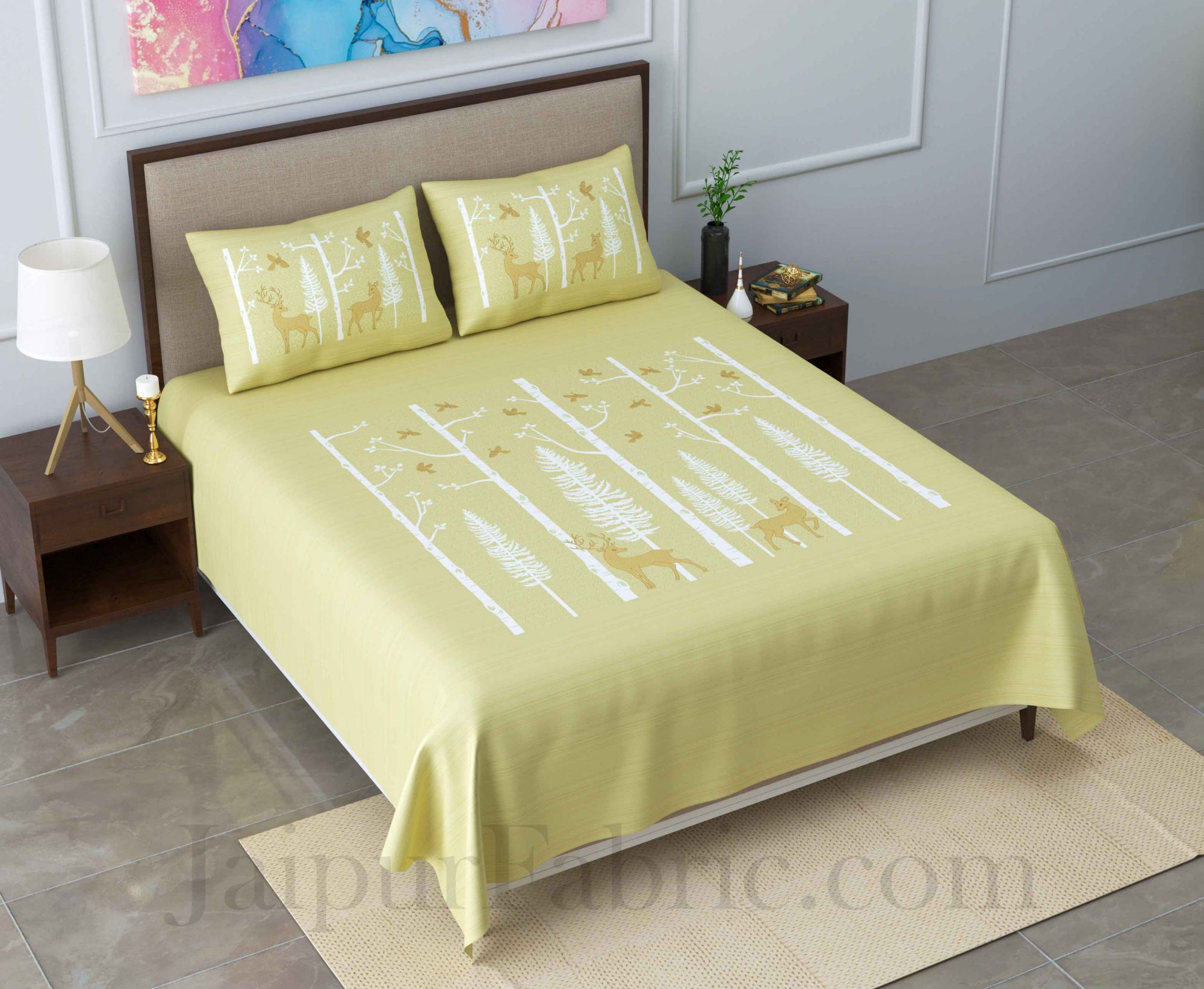 Forest Deer Pastel Green King Size Pure Cotton Bedsheet