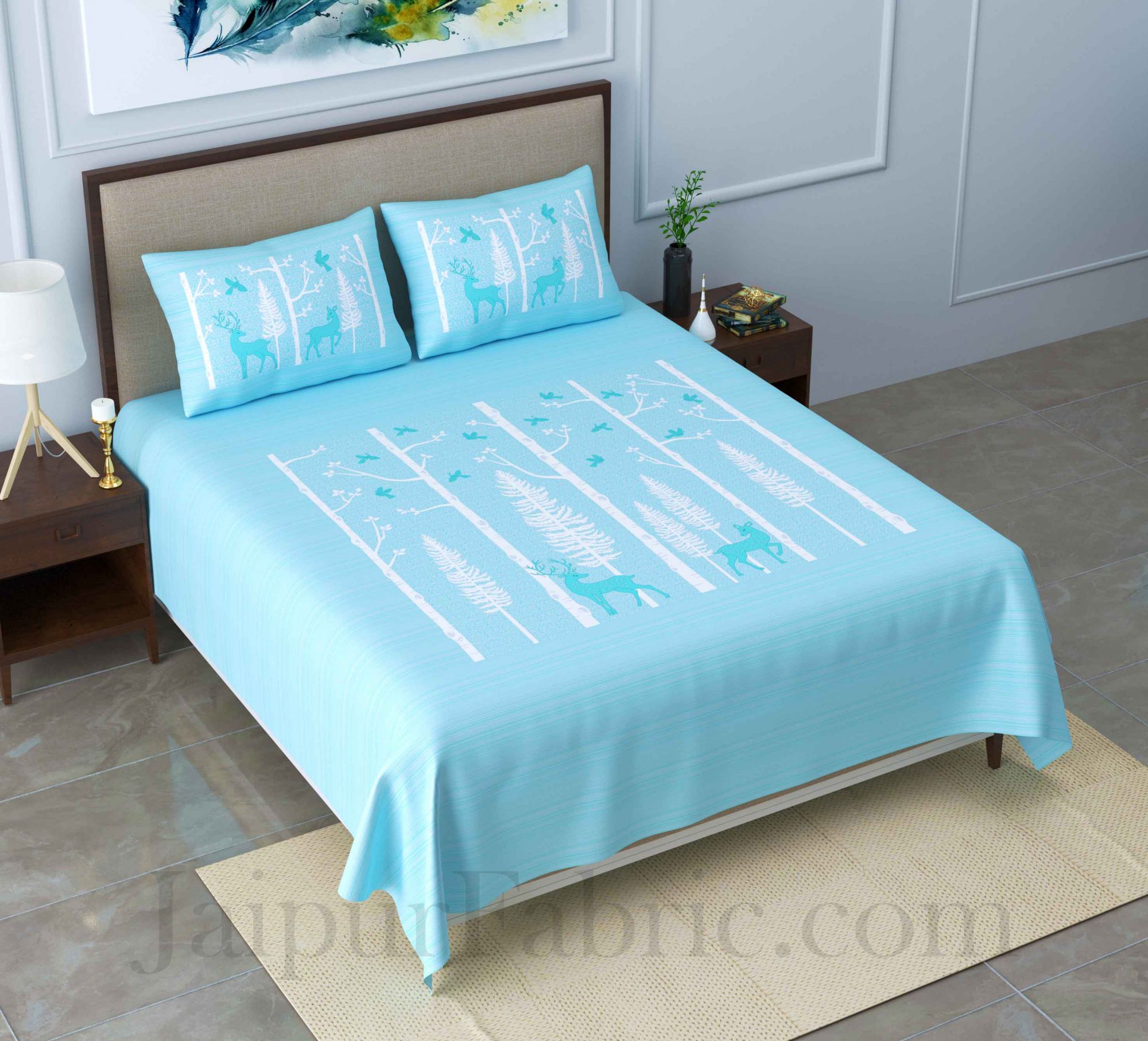 Forest Deer Pastel Blue King Size Pure Cotton Bedsheet