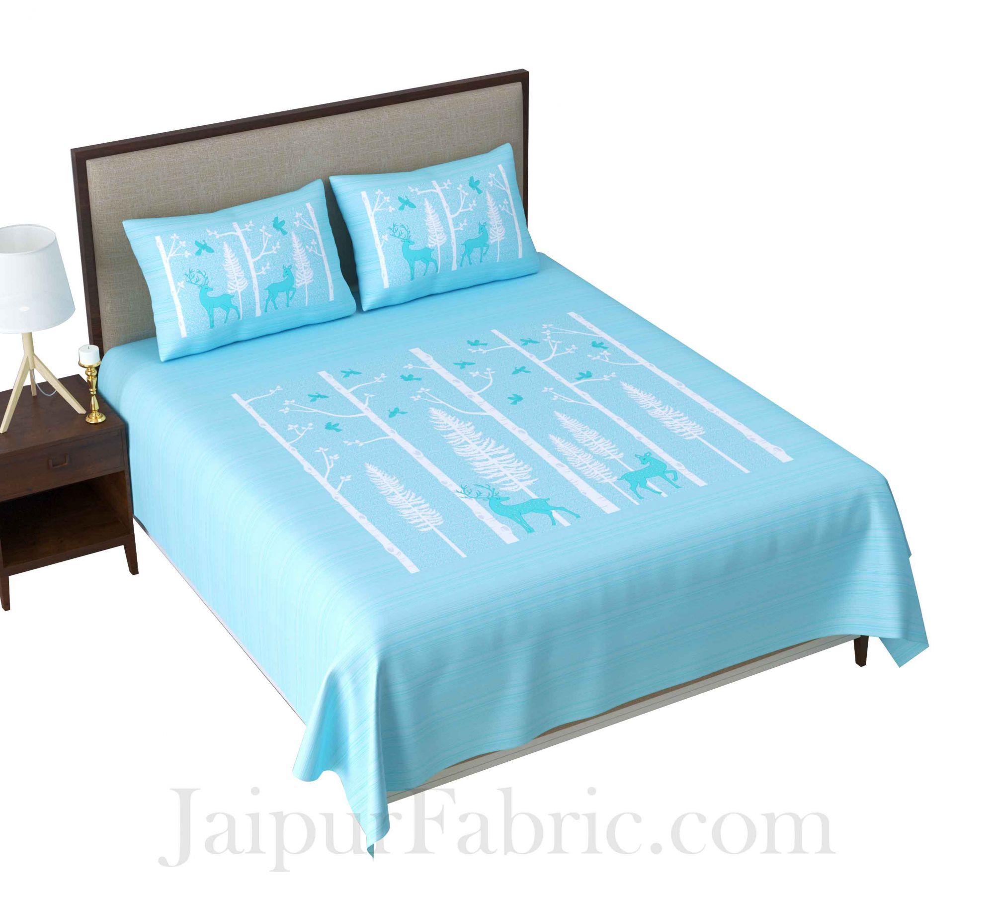 Forest Deer Pastel Blue King Size Pure Cotton Bedsheet