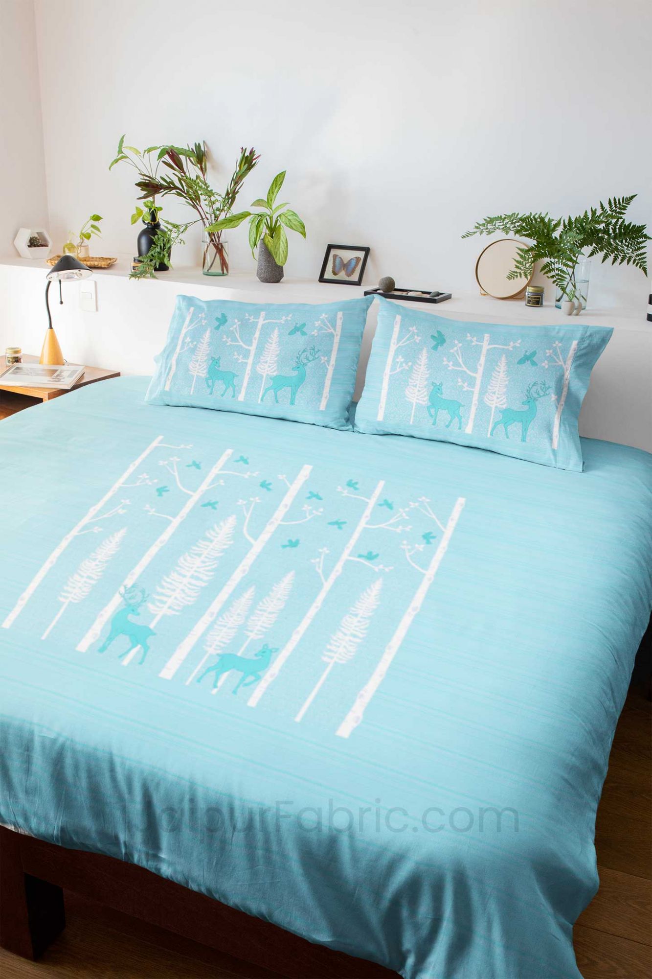 Forest Deer Pastel Blue King Size Pure Cotton Bedsheet