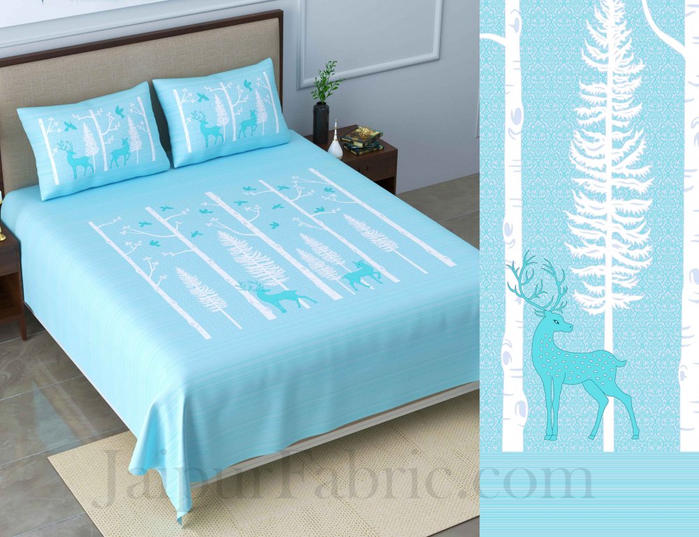 Forest Deer Pastel Blue King Size Pure Cotton Bedsheet