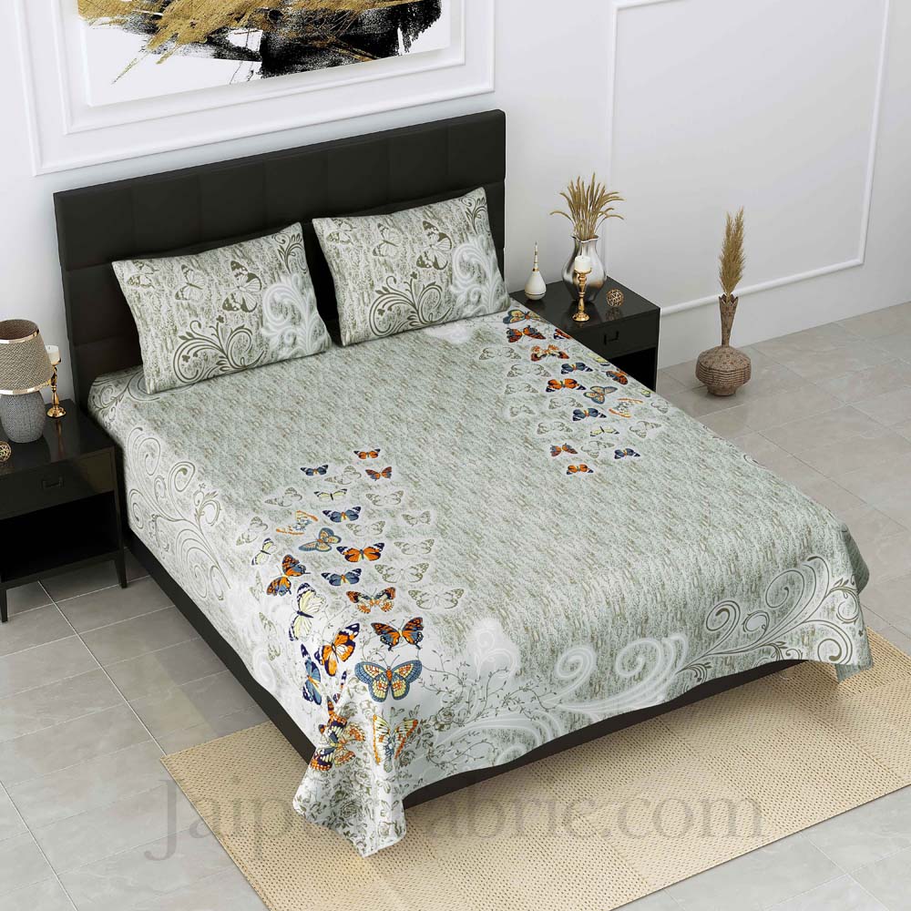 Procian Print Butterflies Green Pure Cotton King Size Bedsheet