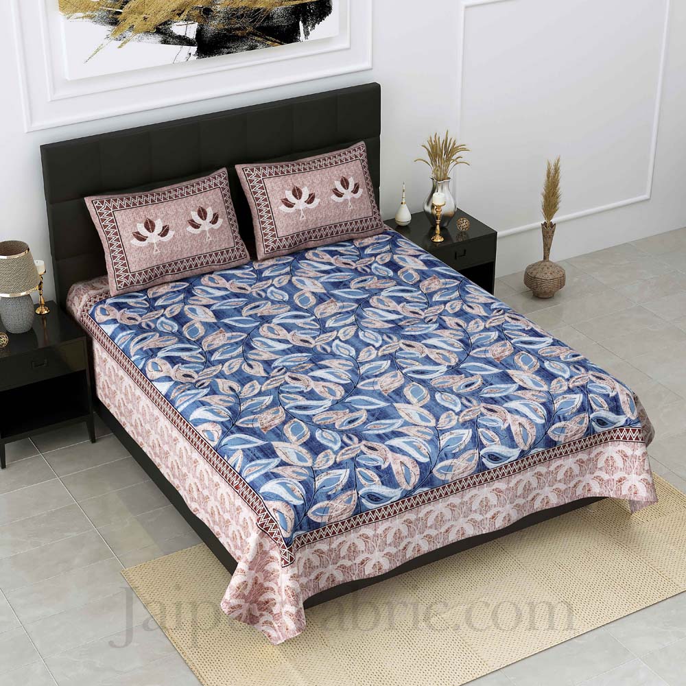 Procian Print Leaves Peach Blue Pure Cotton King Size Bedsheet