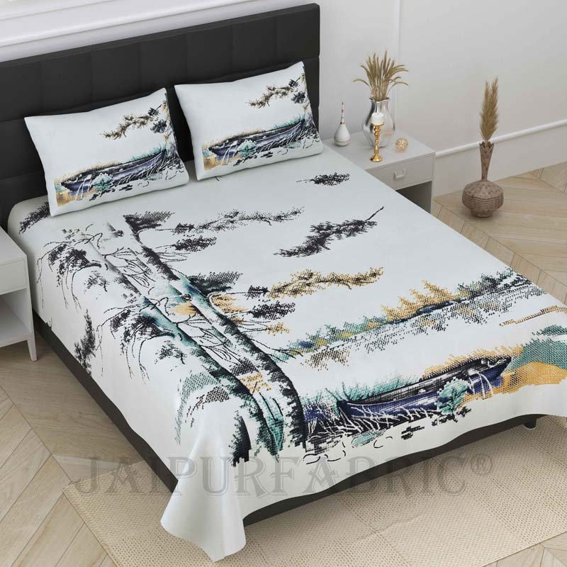 Scenic Coast Blue Pure Cotton Double Bedsheet