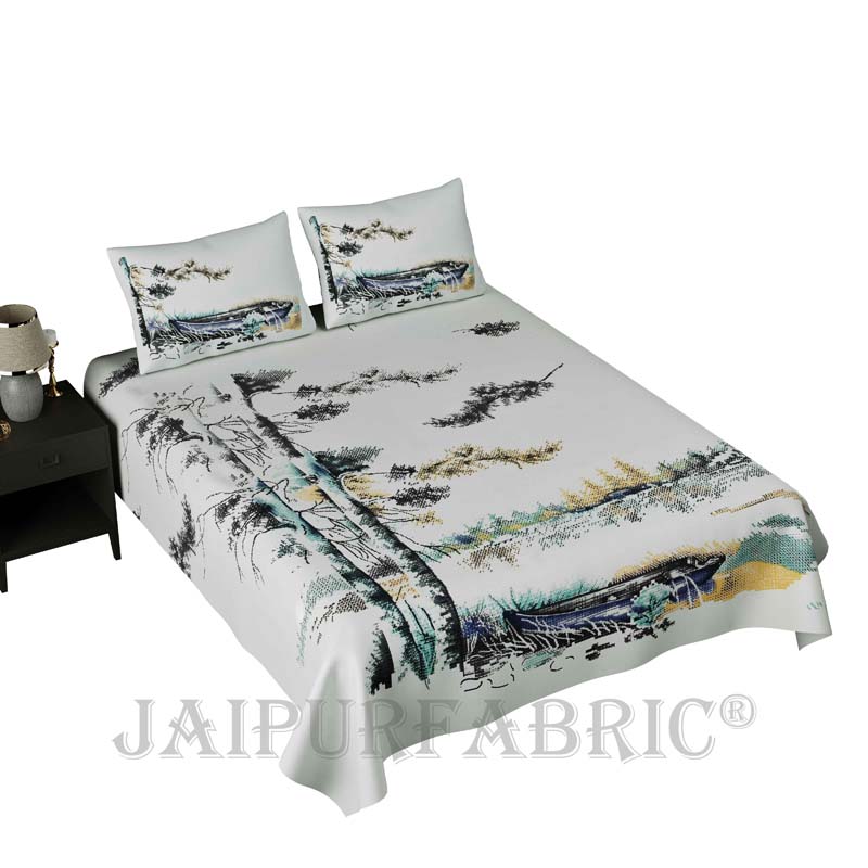 Scenic Coast Blue Pure Cotton Double Bedsheet