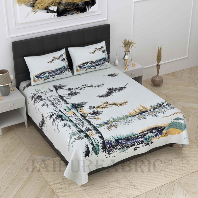 Scenic Coast Blue Pure Cotton Double Bedsheet