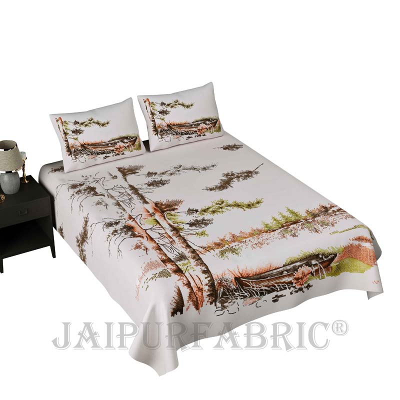 Scenic Coast Brown Pure Cotton Double Bedsheet