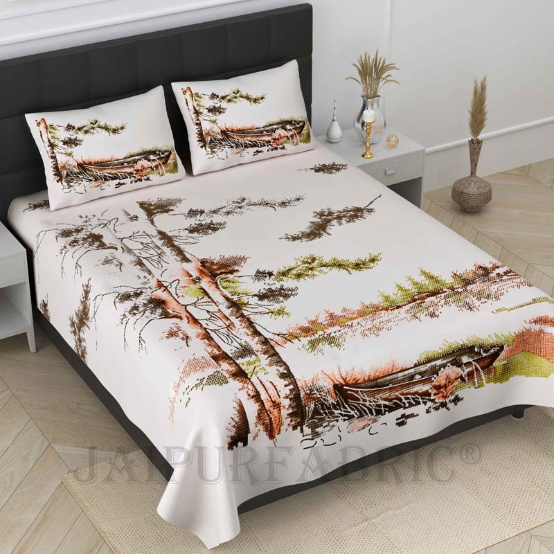 Scenic Coast Brown Pure Cotton Double Bedsheet