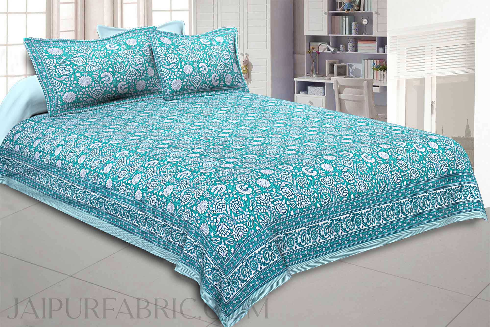 Lovely Sea-green Floral King Size Bedsheet