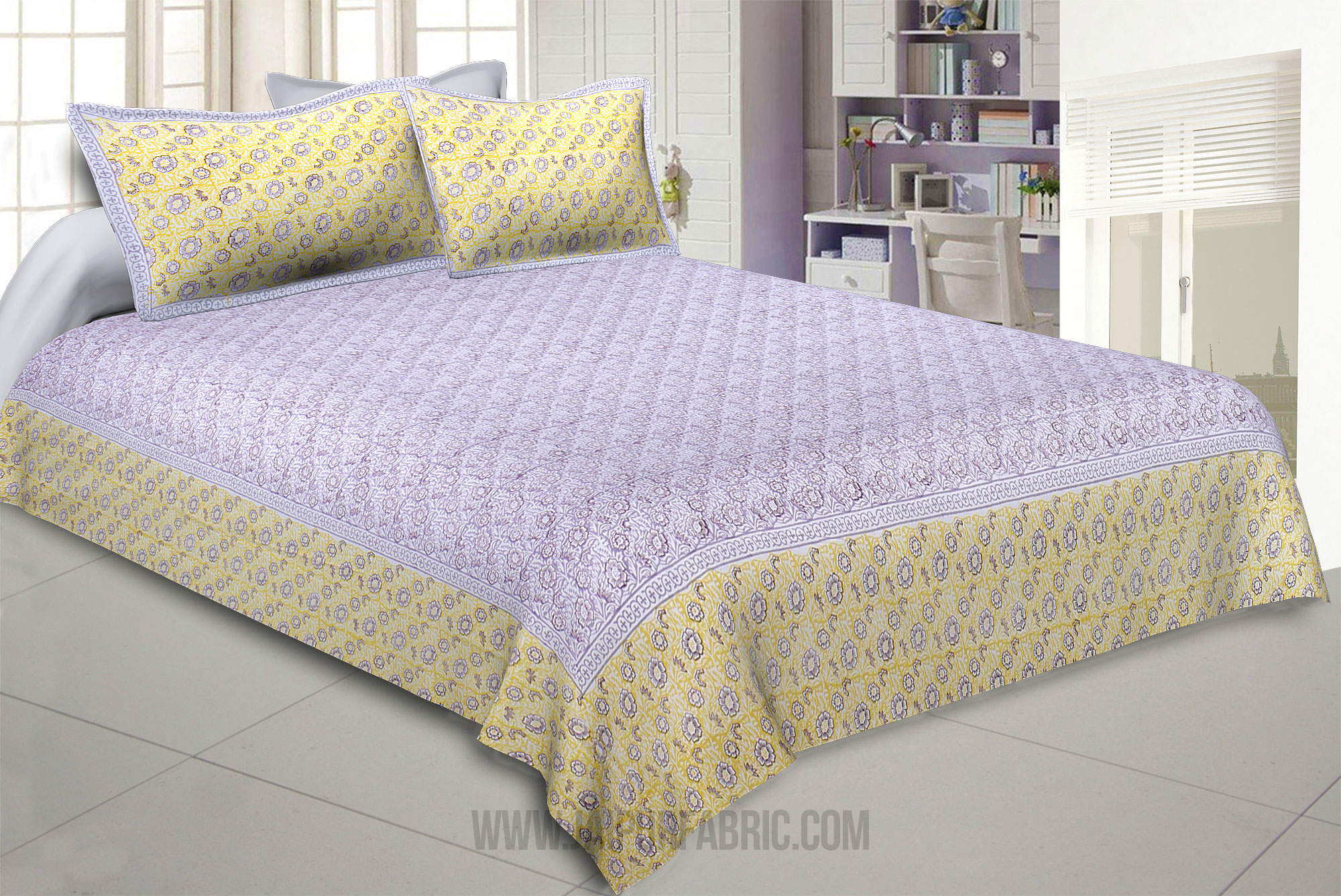 Blossoming Flowers Yellow Grey King Size Bedsheet