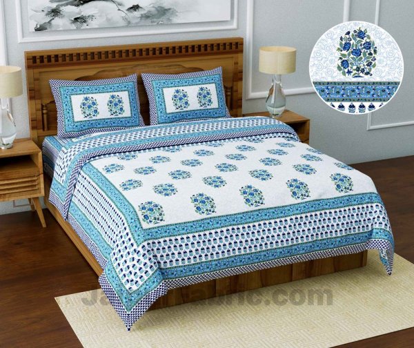 Jaipuri Ethnic Cotton White Blue King Size Double bedsheet