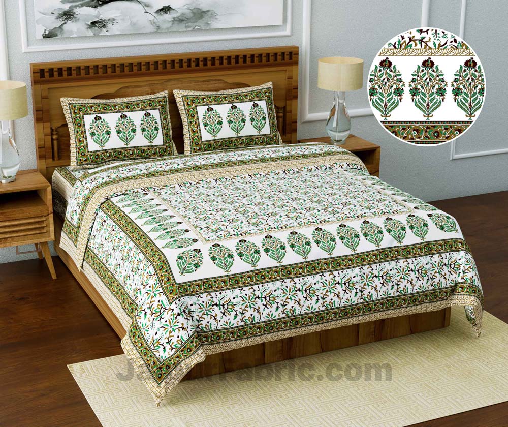 Jaipuri Ethnic Cotton Green Floral King Size Double bedsheet