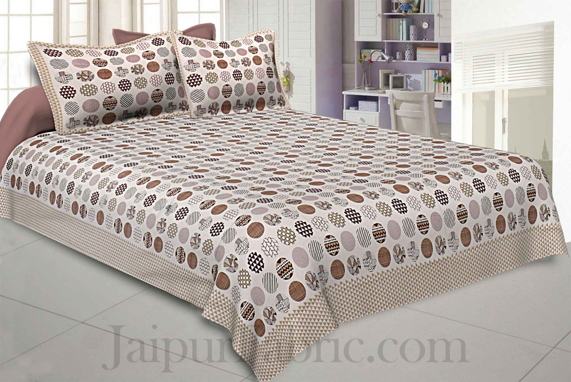 Trendy Polka Brown Cotton King Size Bedsheet