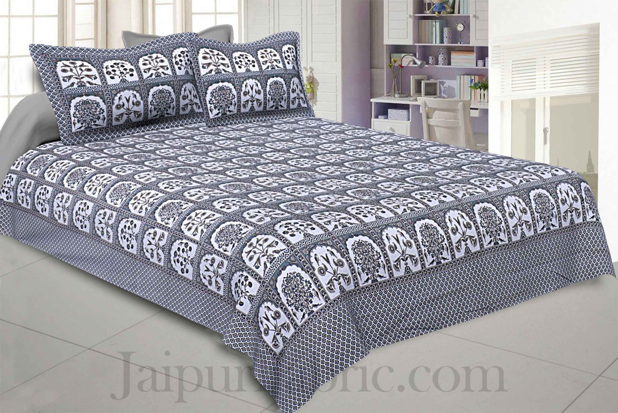 Hawa Mahal Grey Cotton King Size Bedsheet