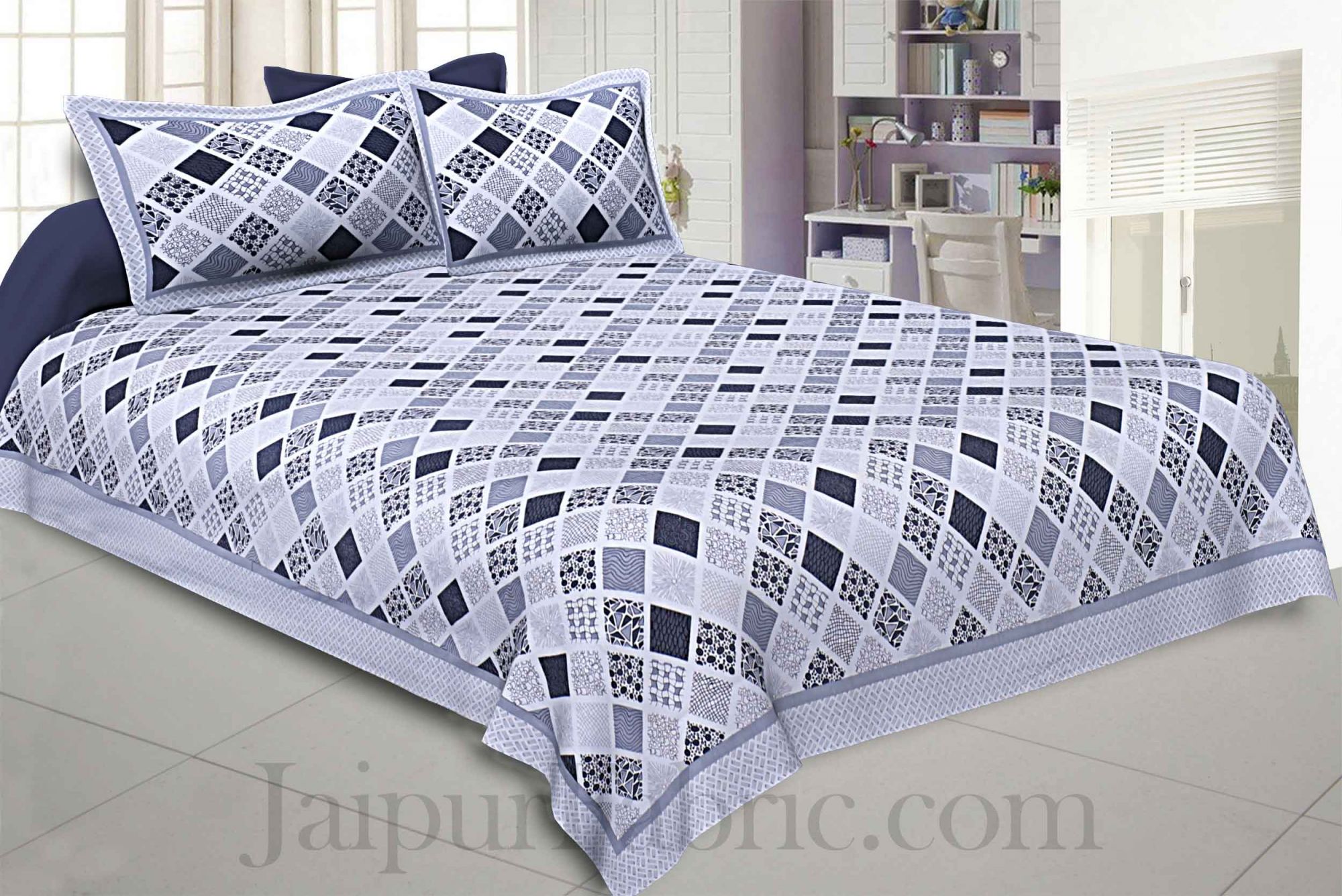 Geometric Kite Silver Cotton King Size Bedsheet