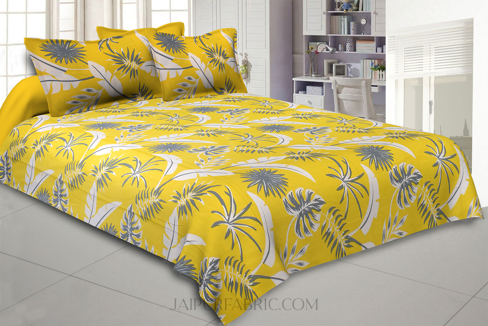 Lemon Yellow Foliage King Size Bedsheet