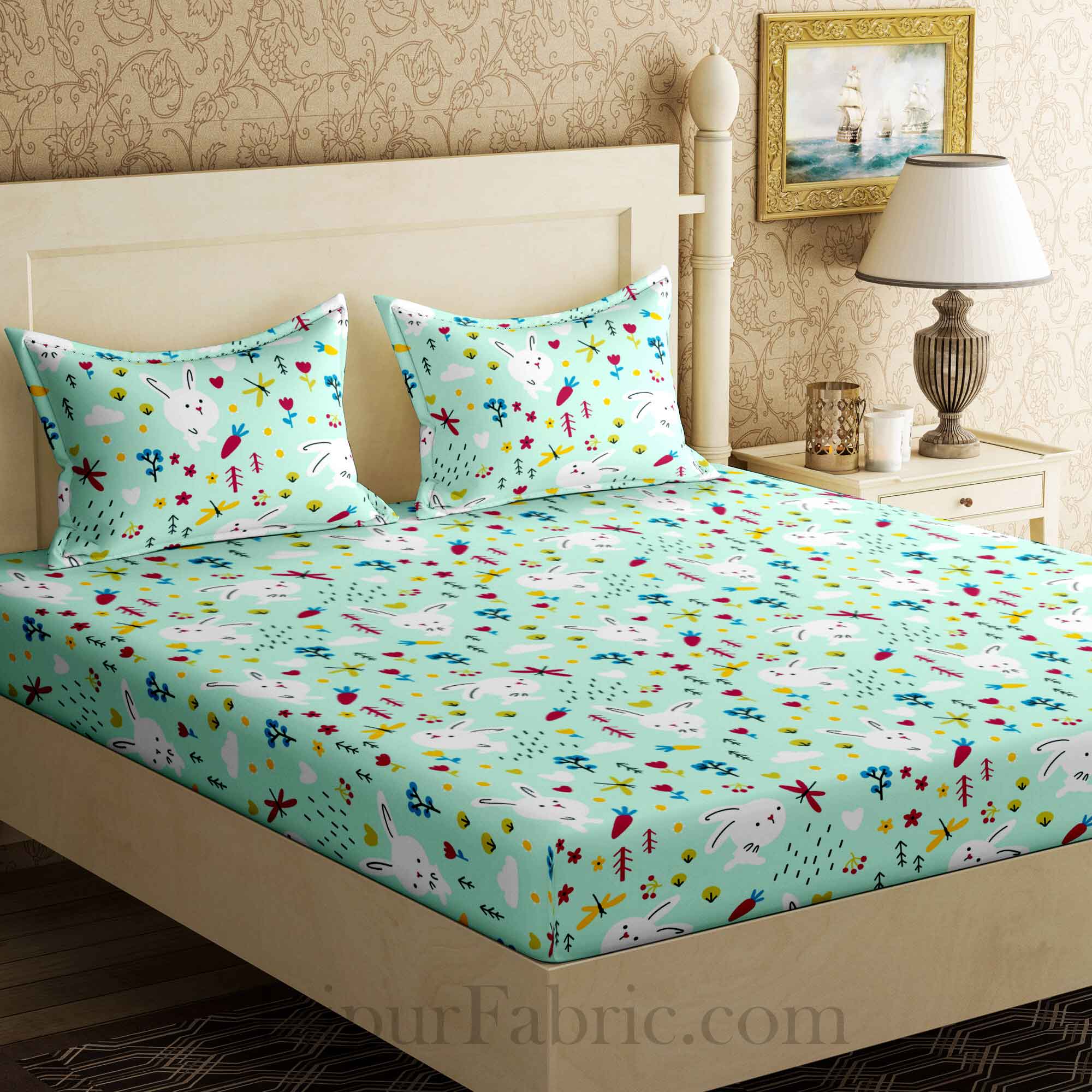 Kids Bunny Sea Green King Size Bedsheet