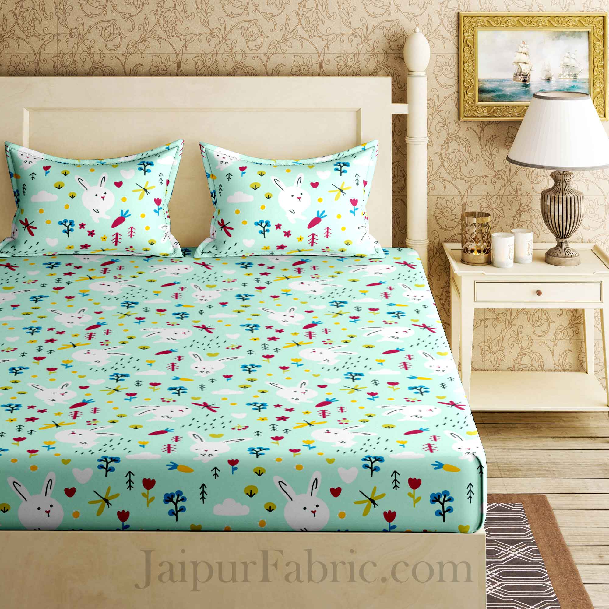 Kids Bunny Sea Green King Size Bedsheet