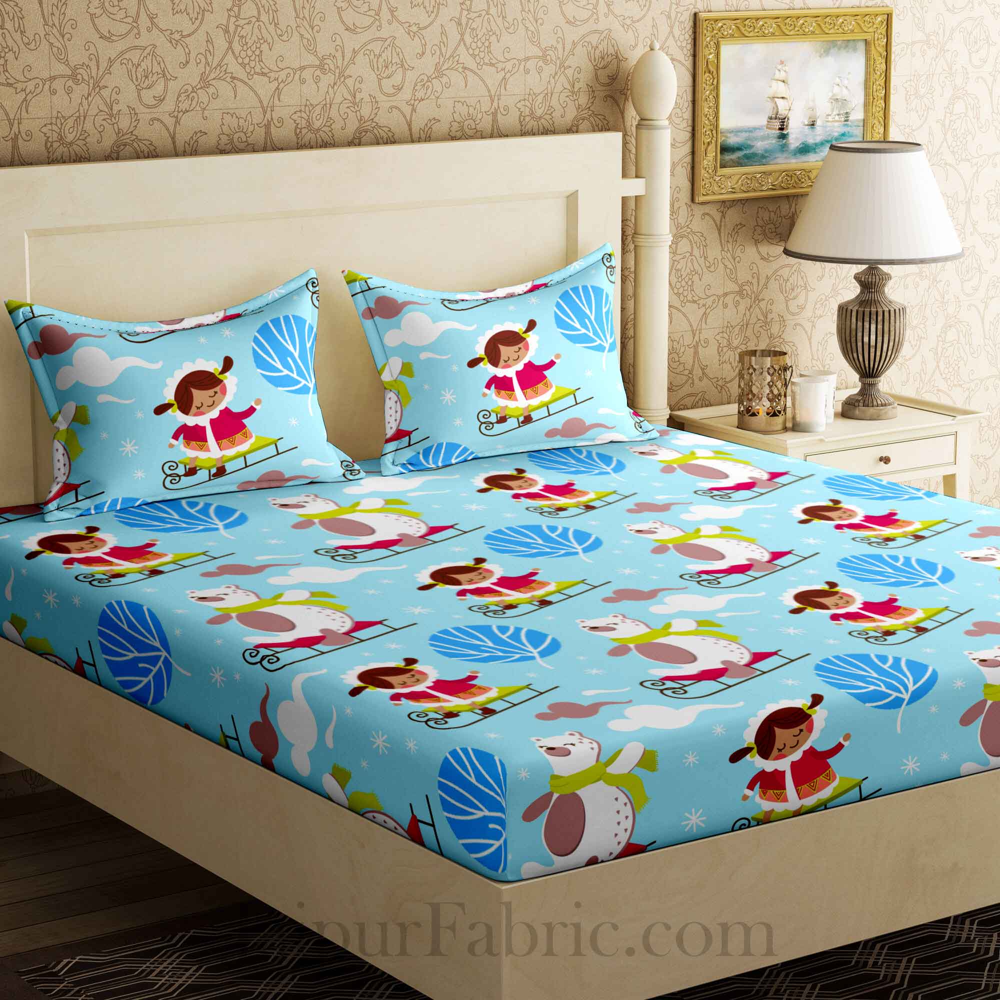 Kids Polar Bear Blue King Size Bedsheet