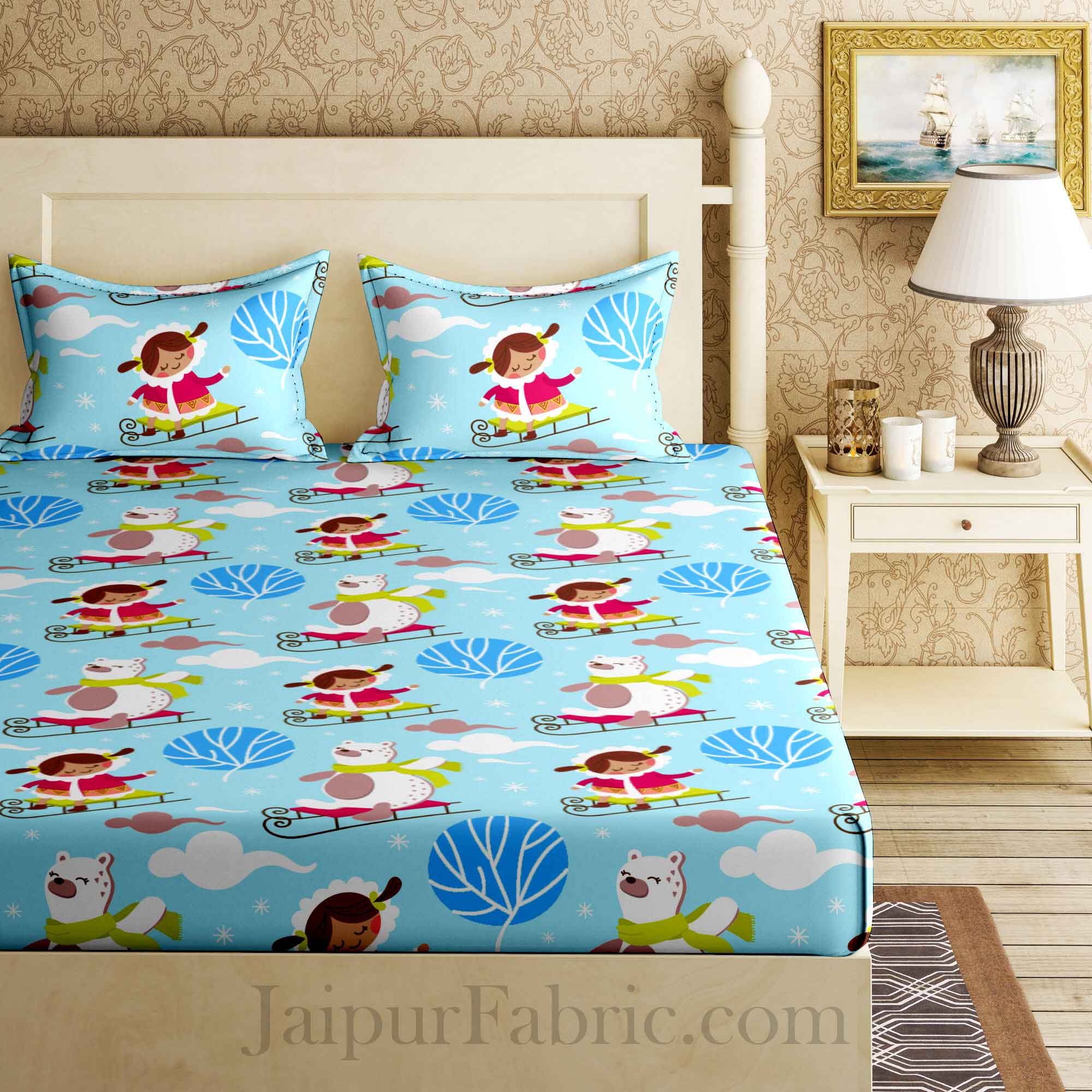 Kids Polar Bear Blue King Size Bedsheet