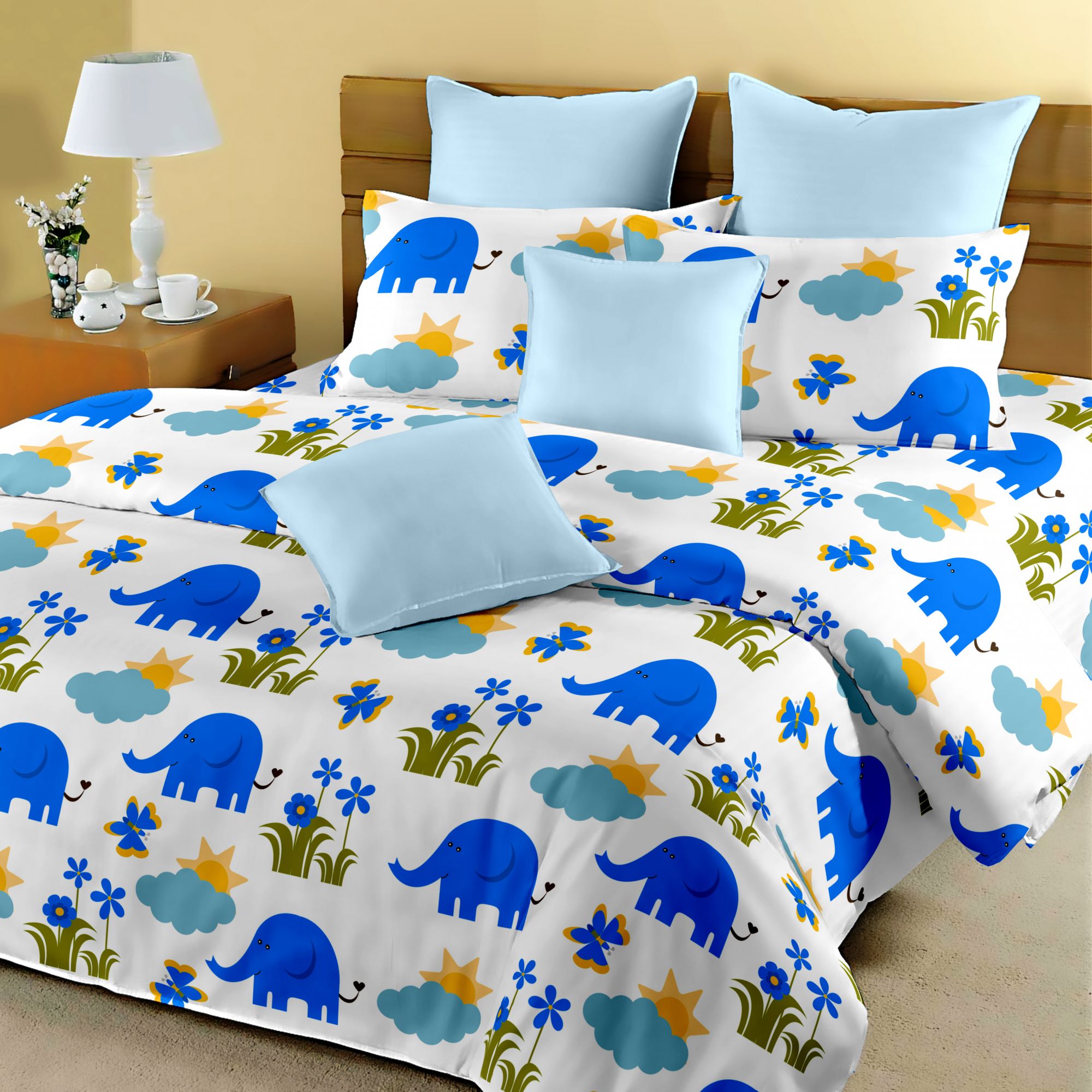 Kids Blue Elephant King Size Bedsheet