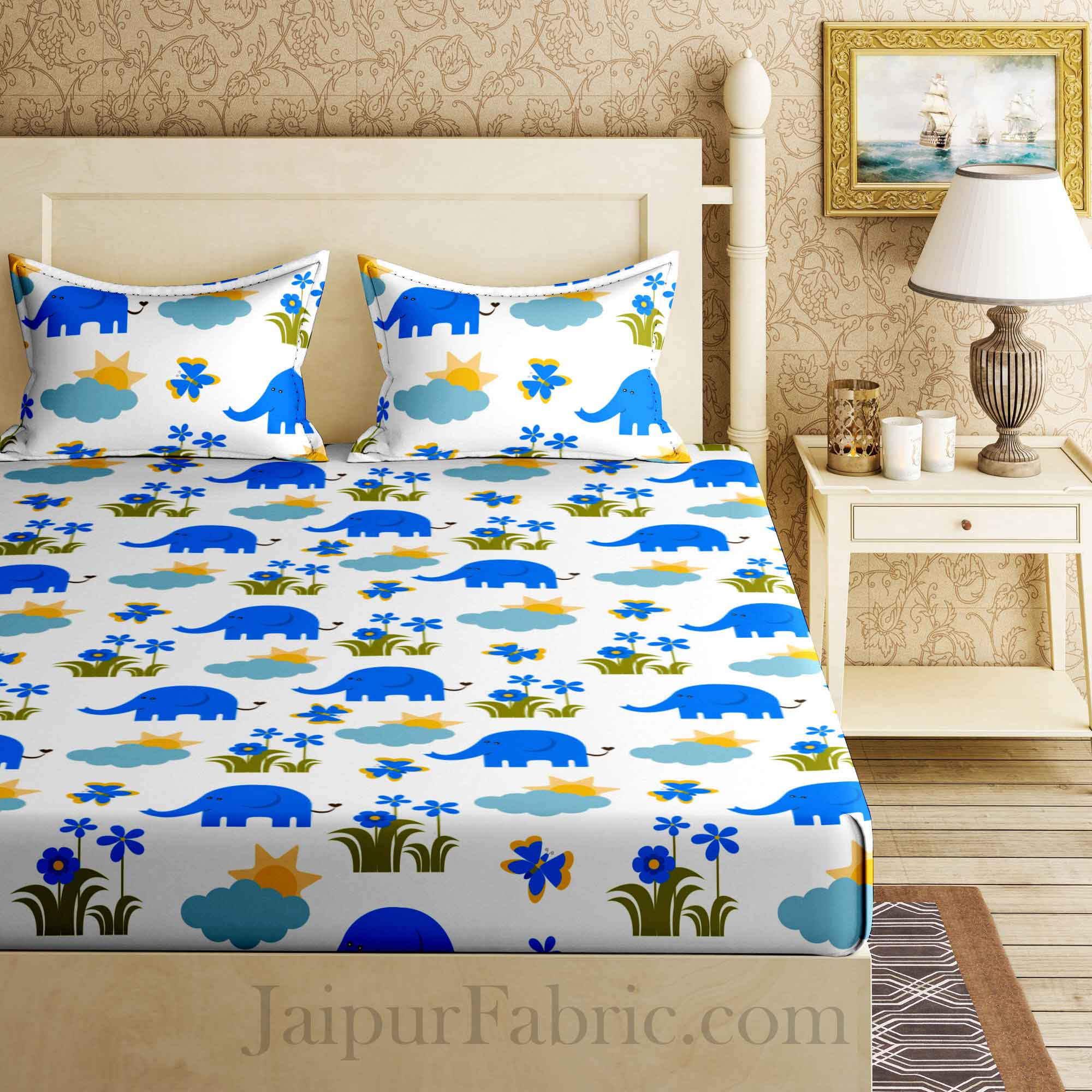 Kids Blue Elephant King Size Bedsheet