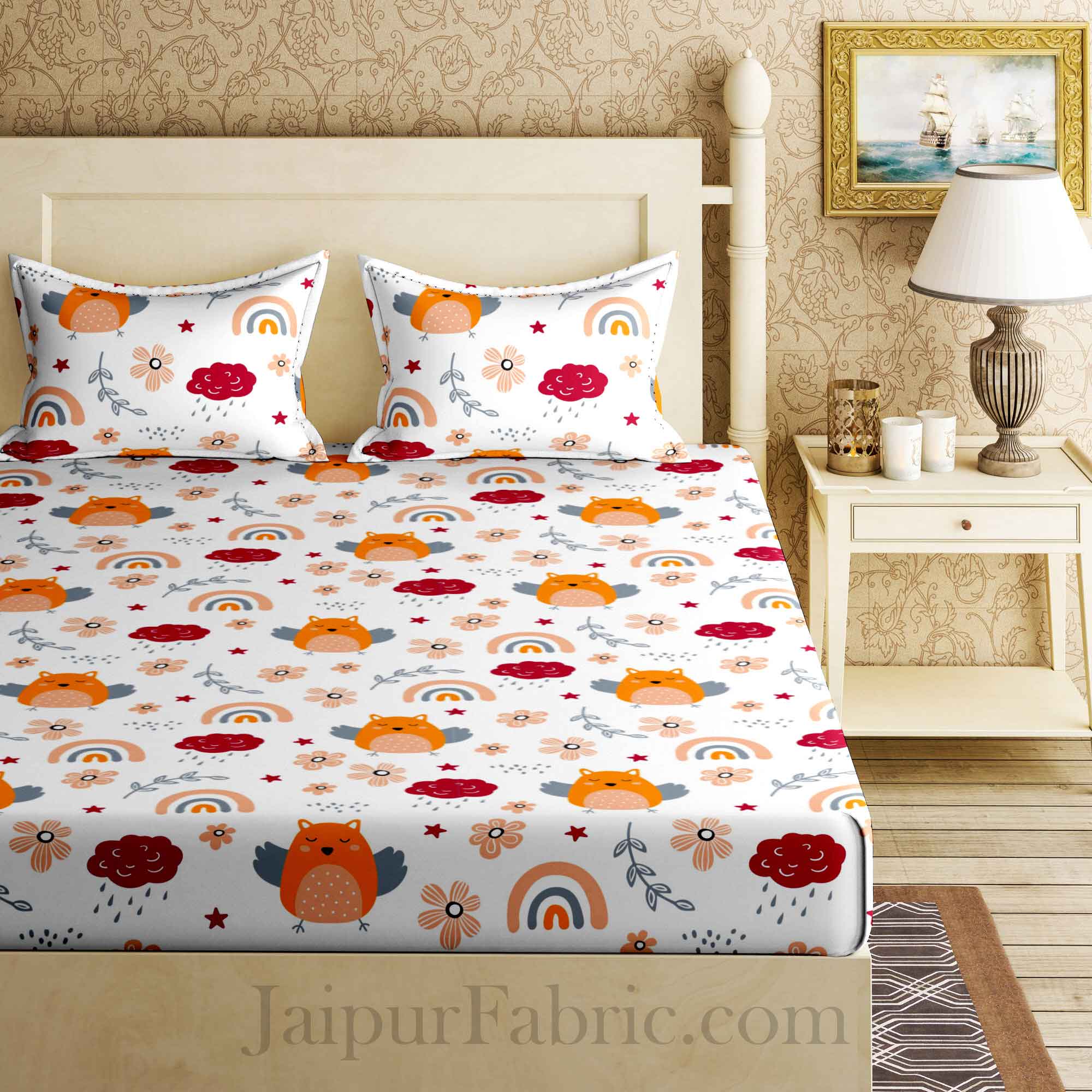 Kids Orange Night Owl King Size Bedsheet