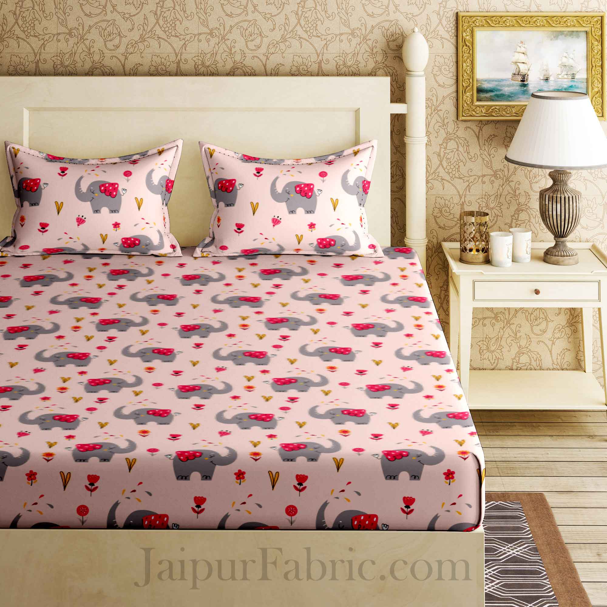 Kids Baby Elephant Peach King Size Bedsheet