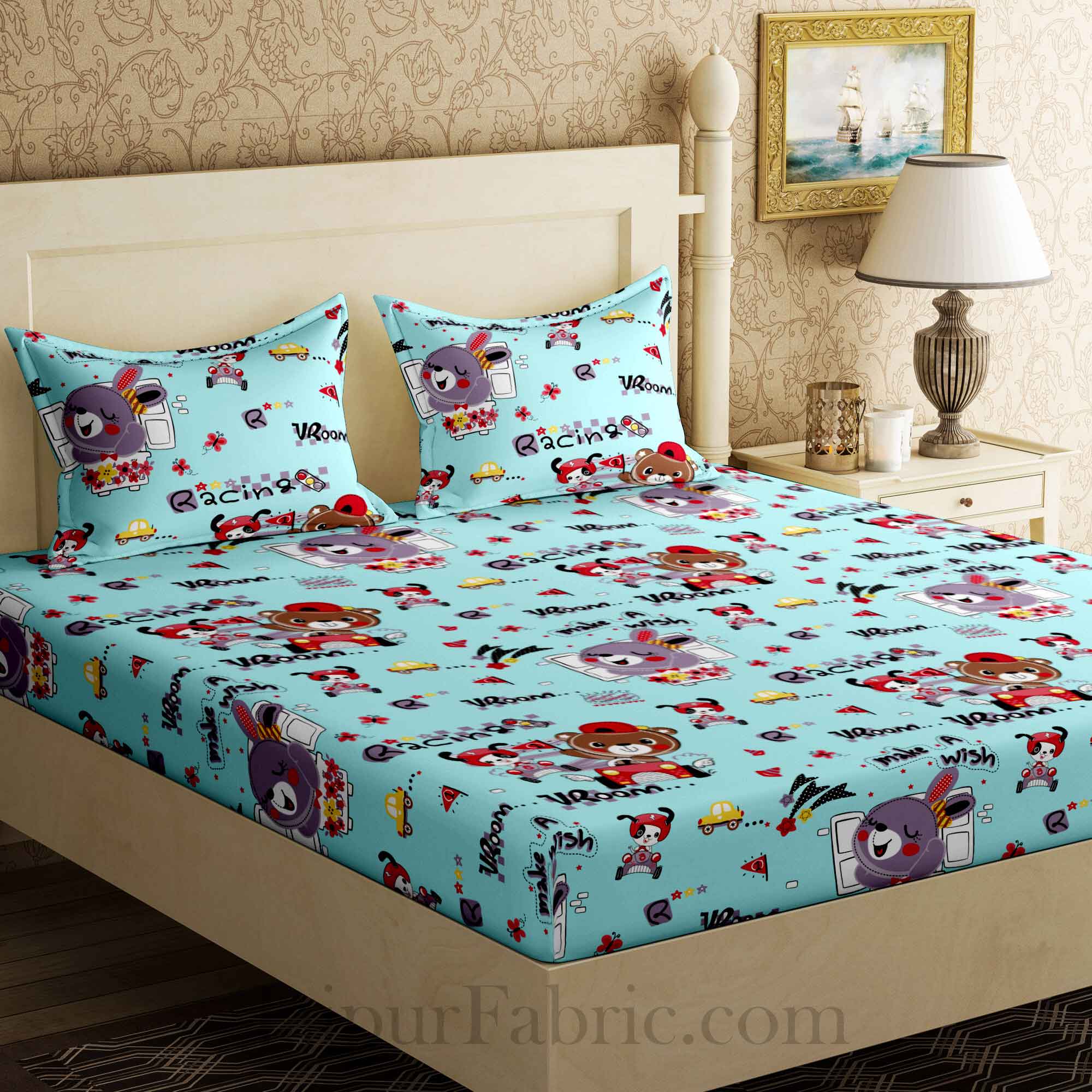 Kids Racing Rabbit Blueish King Size Bedsheet