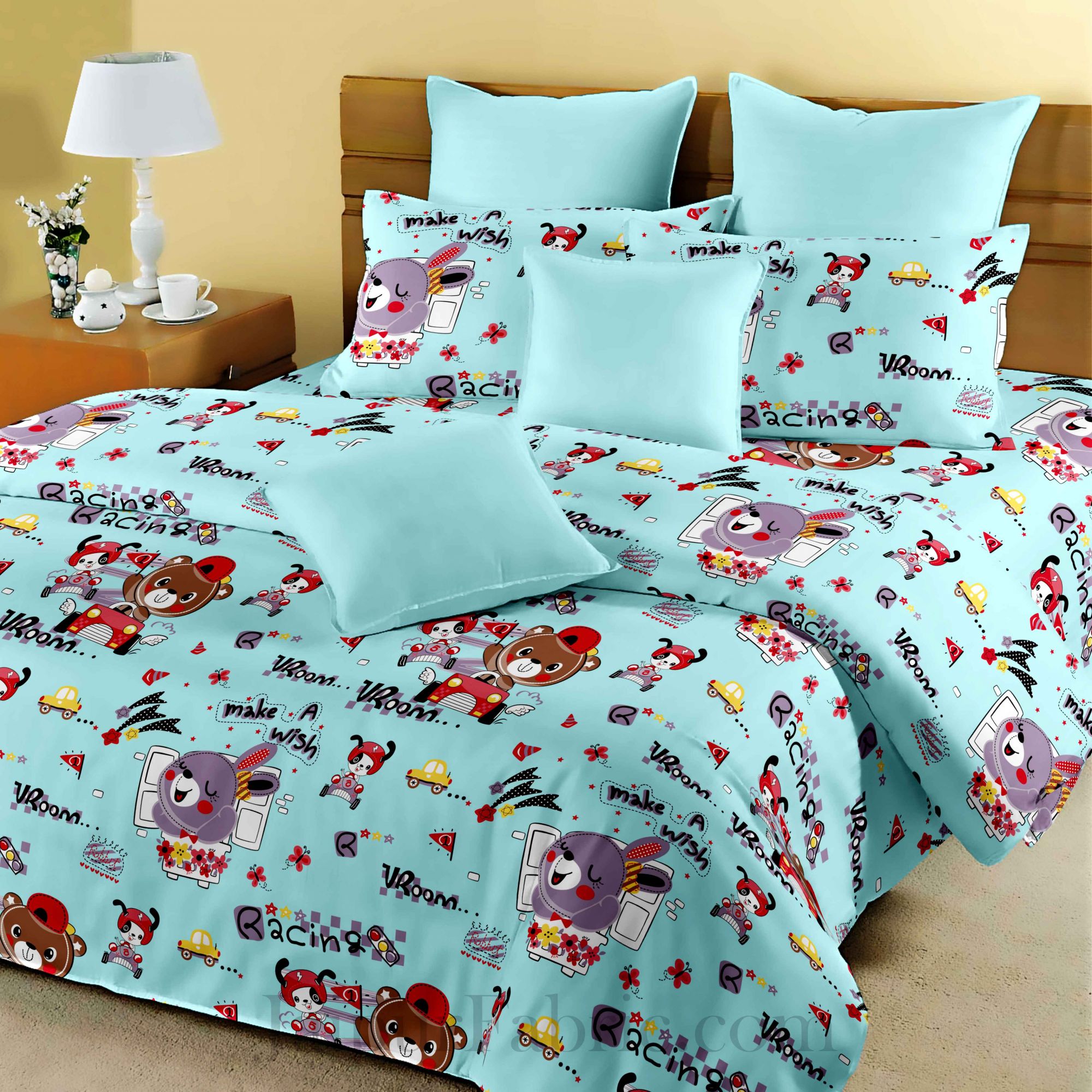 Kids Racing Rabbit Blueish King Size Bedsheet