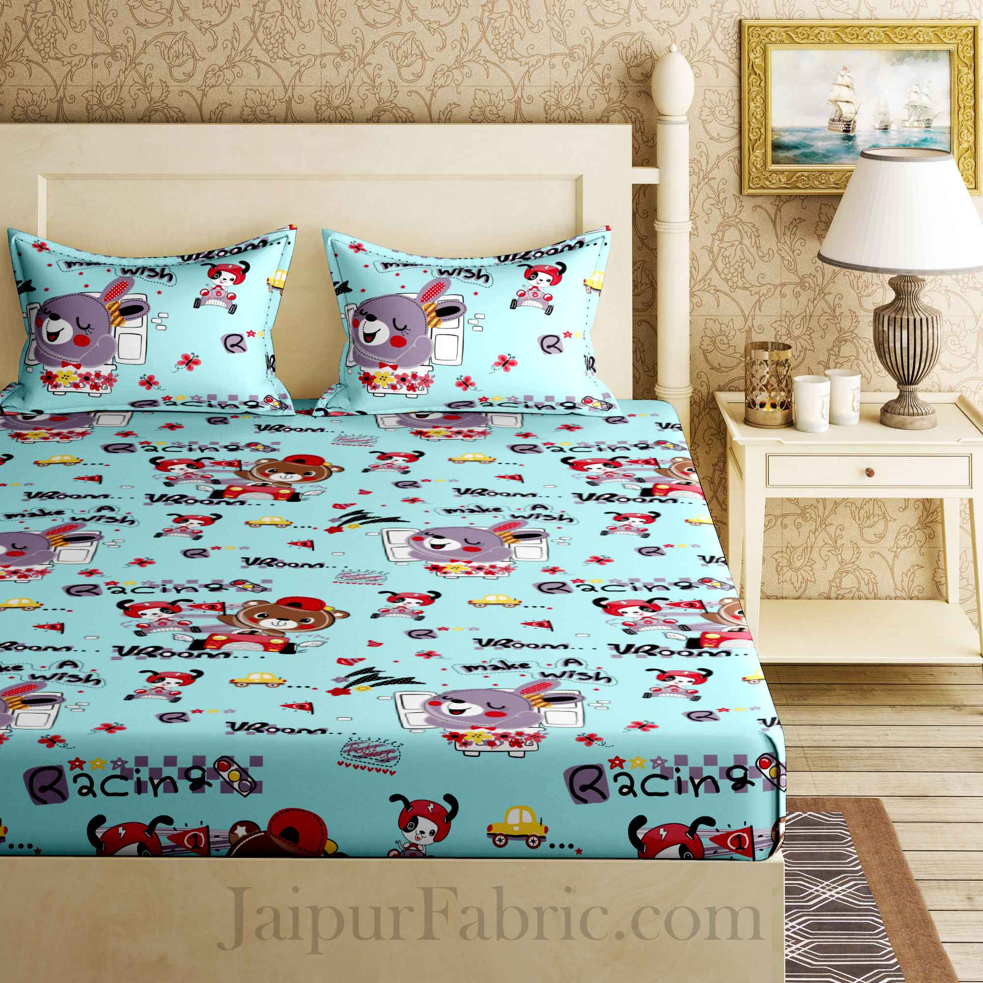 Kids Racing Rabbit Blueish King Size Bedsheet