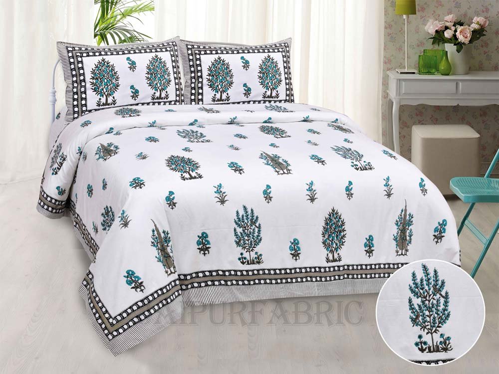 Good Nature Firozi Fine Cotton Hand Block King Size Bedsheet Set