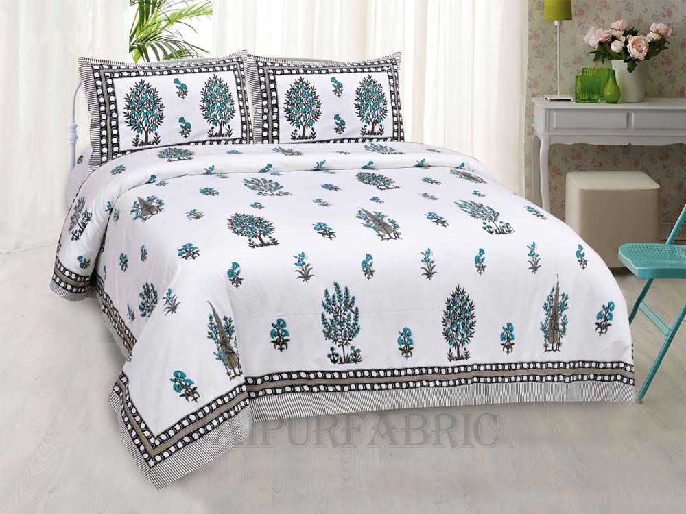 Good Nature Firozi Fine Cotton Hand Block King Size Bedsheet Set