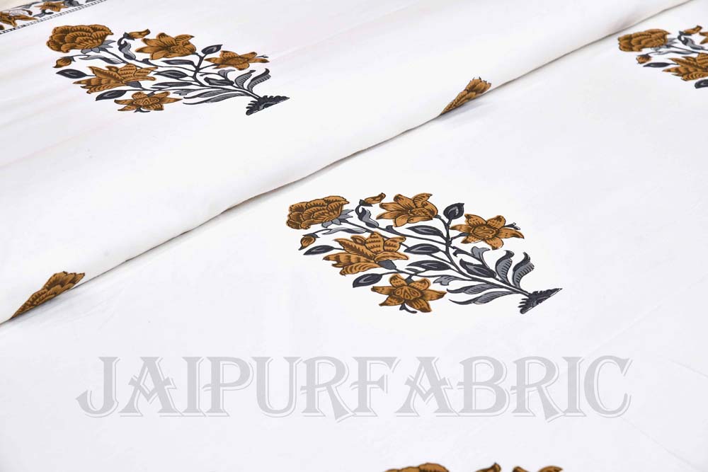 Organic Brown Floral Fine Cotton Hand Block King Size Bedsheet Set