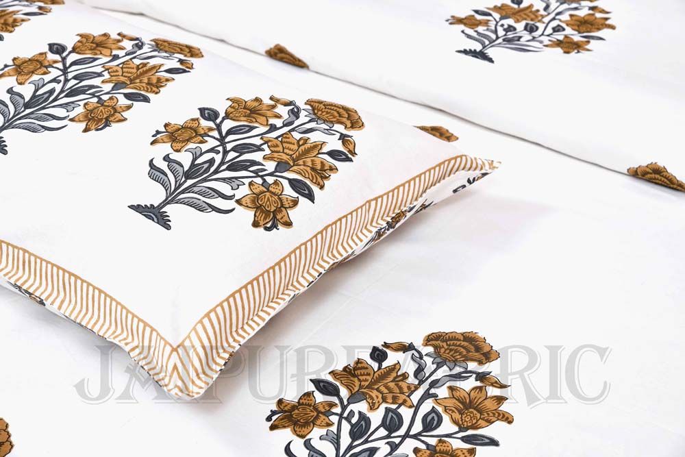 Organic Brown Floral Fine Cotton Hand Block King Size Bedsheet Set